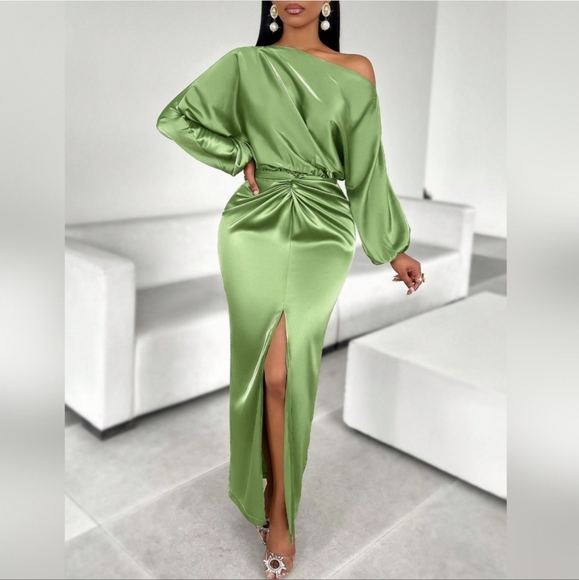 Dresses & Skirts - Women's Elegant Solid Color One Shoulder Twist Front Tie Split Thigh Bodycon